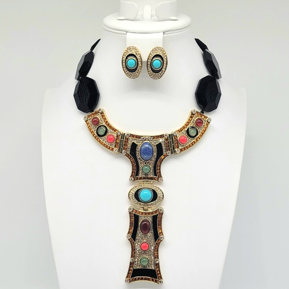 Heidi Daus Onyx and Swarovski Crystal Art Deco Statement Necklace + Earring Set - Picture 1 of 13